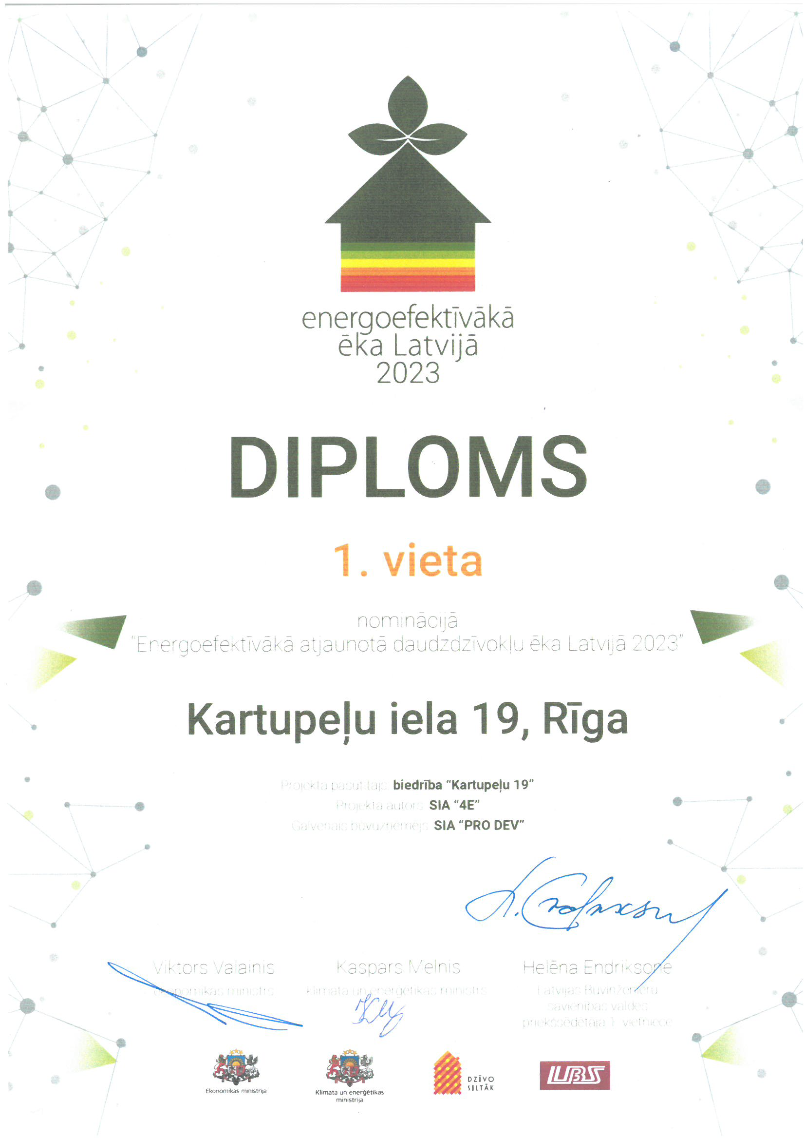 Diploms “Energoefektīvākā ēka Latvijā 2023” – 1. vieta ēkai, kuras renovācijas projektu vadīja SIA “Rīgas namu pārvaldnieks”
