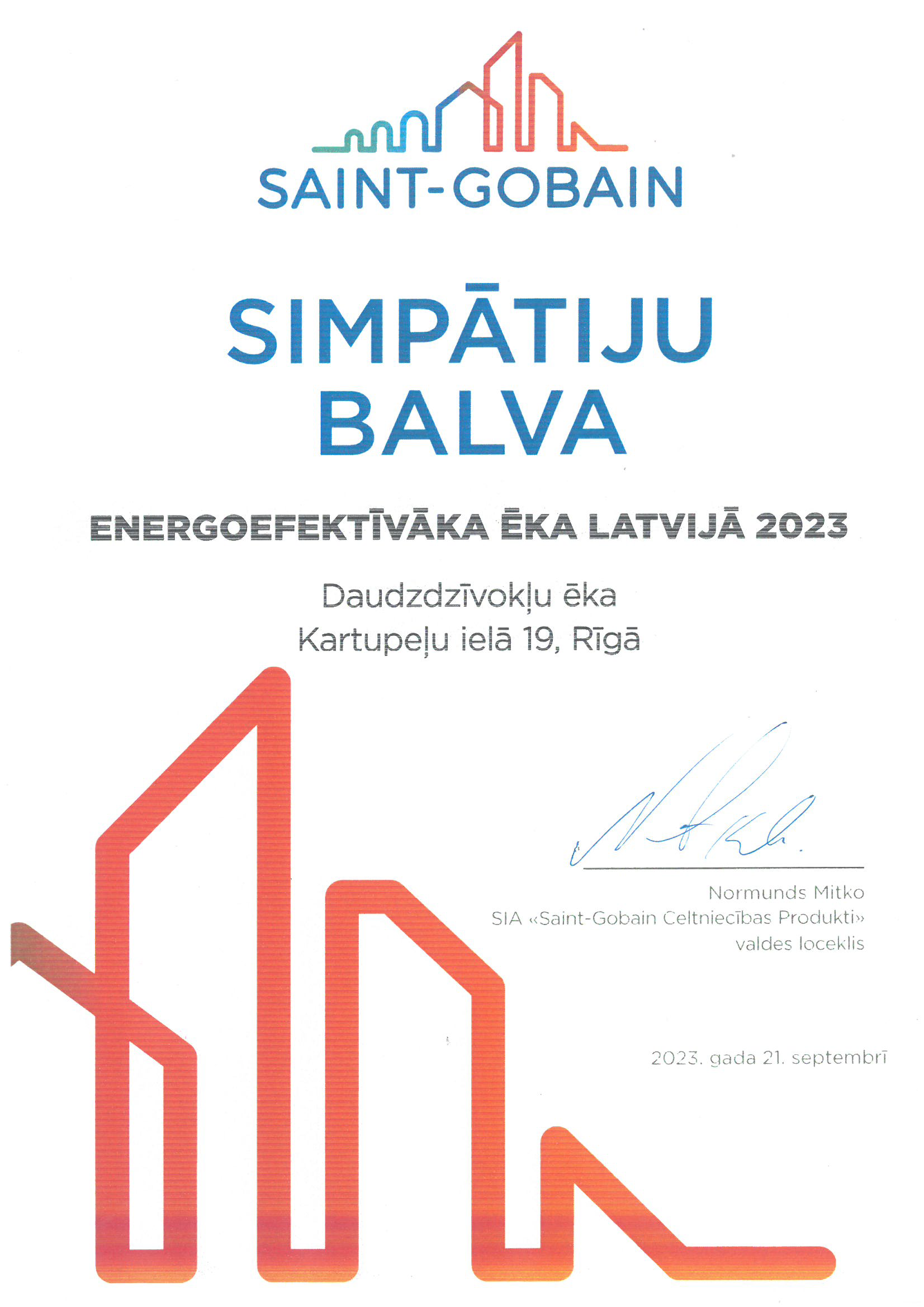 “Energoefektīvākā ēka Latvijā 2023” simpātiju balva ēkai, kuras renovācijas projektu vadīja SIA “Rīgas namu pārvaldnieks”