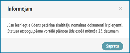 Paziņojuma piemērs, kad ūdens skaitītāja nomaiņas dokumenti ir pieņemti