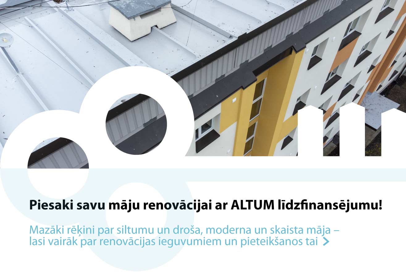 Renovēta daudzdzīvokļu ēka ar jaunu fasādi un jumtu. Teksts: Piesaki savu māju renovācijai ar ALTUM līdzfinansējumu! Mazāki rēķini par siltumu un droša, moderna un skaista māja – lasi vairāk par renovācijas ieguvumiem un pieteikšanos tai
