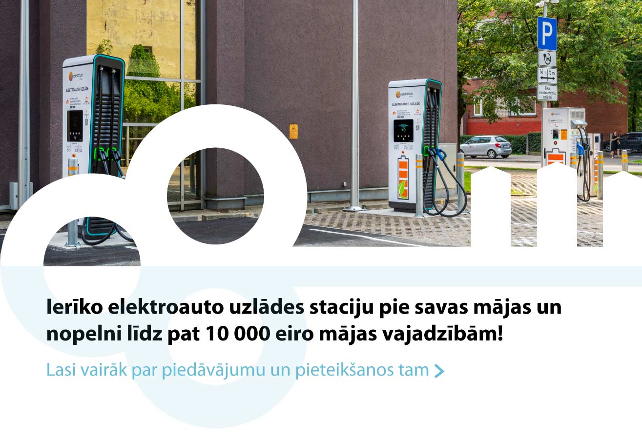 Elektroauto uzlādes stacijas pie daudzdzīvokļu ēkas. Teksts: Ierīko elektroauto uzlādes staciju pie savas mājas un nopelni līdz pat 10 000 eiro mājas vajadzībām! Lasi vairāk par piedāvājumu un pieteikšanos tam