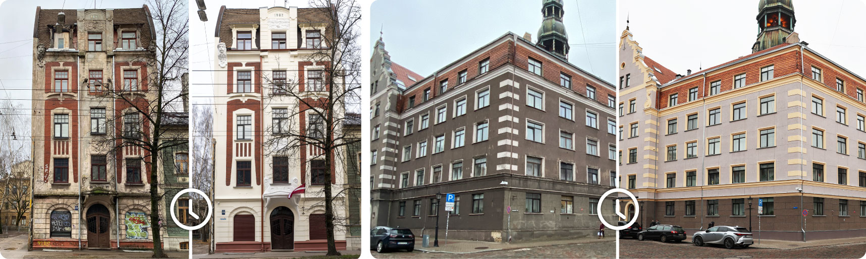 Atjaunoto ēku fasāžu pirms un pēc foto. Tallinas ielas 23 un Grēcinieku ielas 11 ēkas.