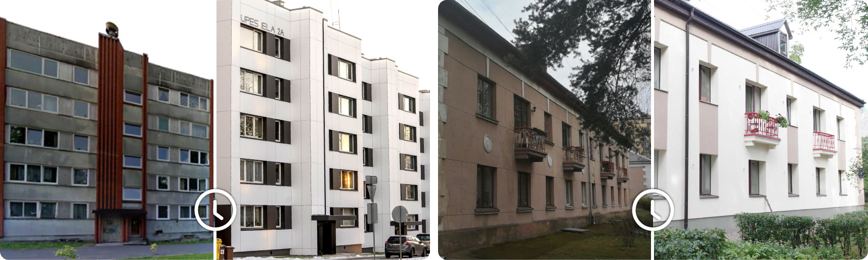 Renovēto ēku pirms un pēc foto. Upes ielas 2a un Viestura prospekta 83 ēkas.