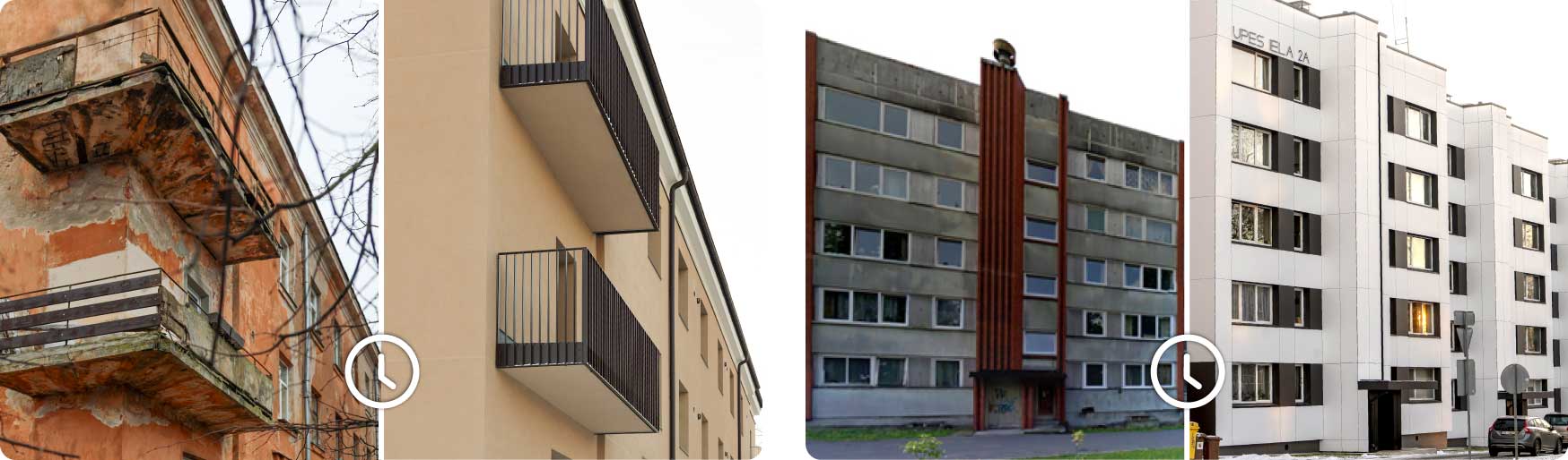 Renovēto ēku pirms un pēc foto. Vijciema iela 16 un Upes iela 2a ēkas.