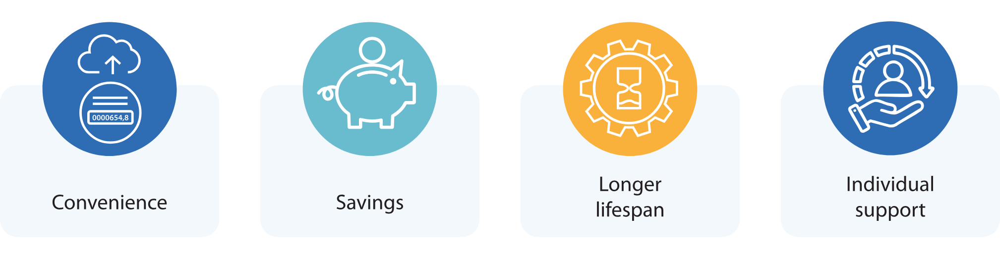 Four pictograms representing benefits: convenience (data reading and cloud upload), savings (piggy bank), longer service life (gear with an hourglass), and individual support (person icon with a support symbol).