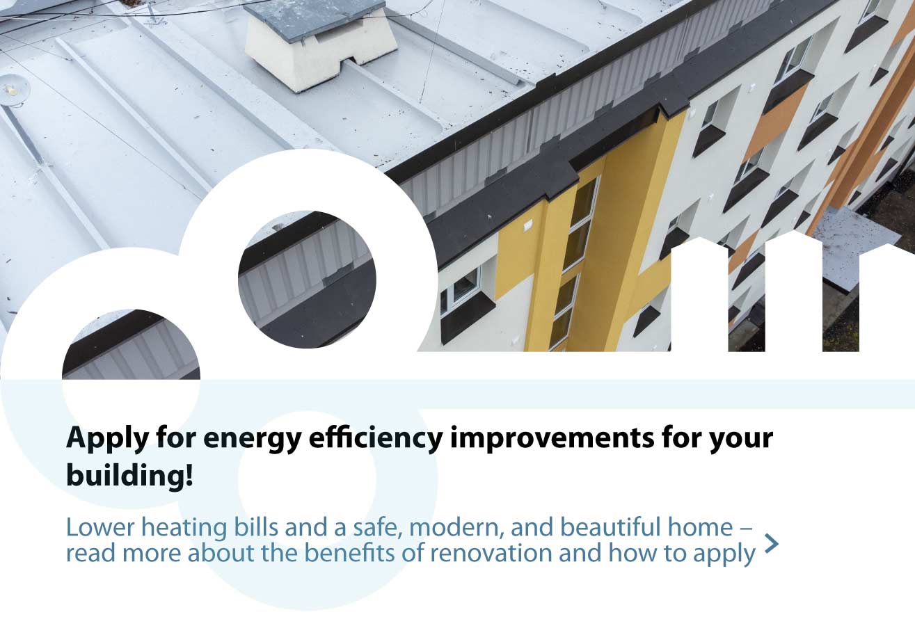 A renovated apartment building with a new facade and roof.
The text invites people to apply for home energy efficiency improvements.