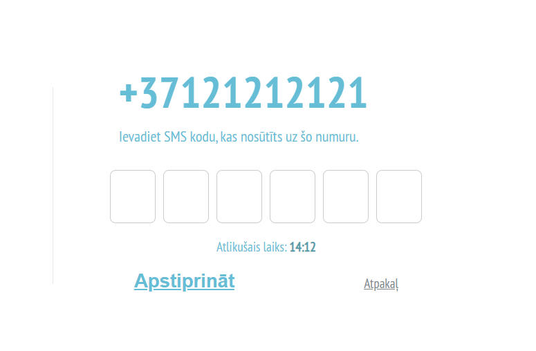 Ekrānuzņēmums ar piemēru, kā izskatīsies sadaļa, kurā jāievada saņemtais SMS kods portāla e-parvaldnieks.lv diivfaktoru autentifikācijai