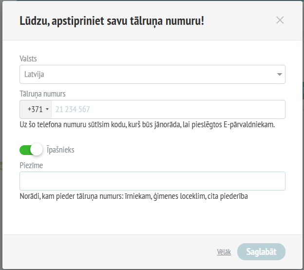 Tālruņa apstiprināšanas logs portālā e-parvaldnieks.lv